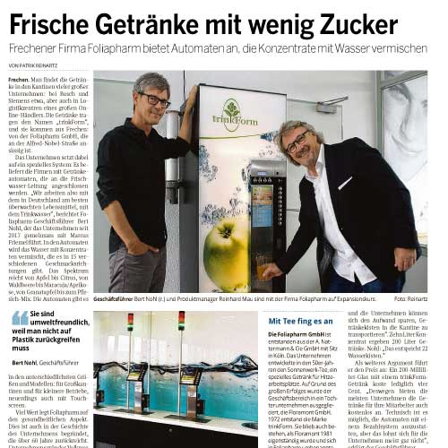 Führungskräfte von trinkForm® zeigen den innovativen Getränkeautomaten, Artikel aus Kölner Stadt-Anzeiger / Kölnische Rundschau