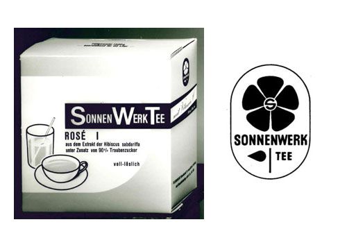 Historische Verpackung des Sonnenwerk Tee von 1956, Pionier der Arbeitsplatzgetränke