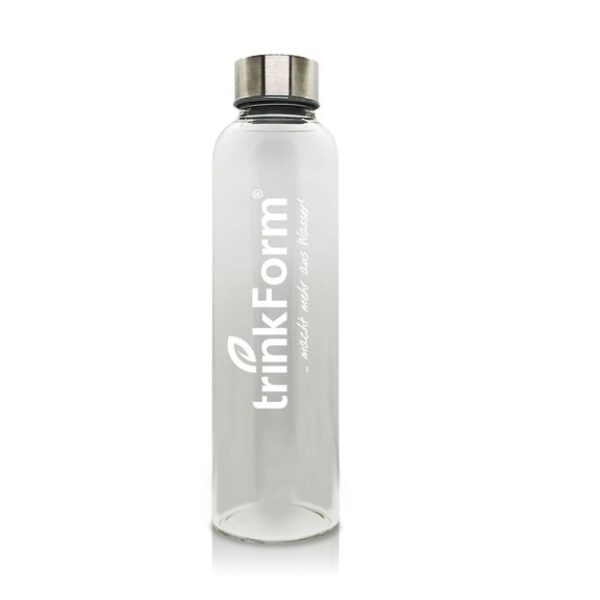 Elegante trinkForm® 500 ml Trinkflasche aus Borosilikatglas mit stylischem Edelstahldeckel, geschmacksneutral und hitzebeständig