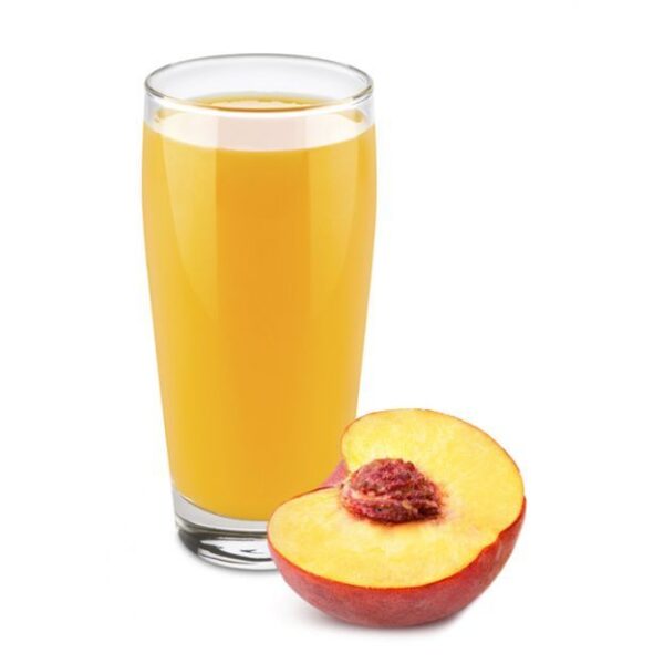 Glas mit trinkForm® Light Pfirsich-Mix Konzentrat und einer halbierten Pfirsichfrucht, eine sanfte und aromatische Geschmackskomposition
