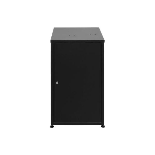 Schwarzer robuster Stahlschrank von trinkForm® in Größe S mit höhenverstellbaren Füßen und Schloss, ideal für Zubehör und Konzentrate