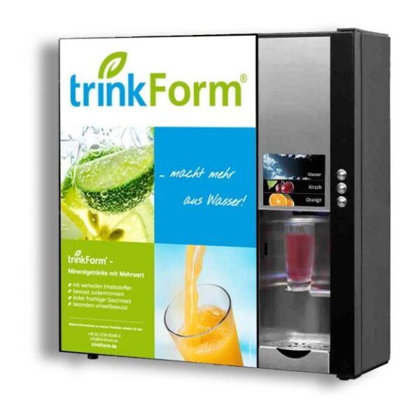 trinkForm® WM ECO Getränkeautomat für 2 Mix-Getränke und stilles Wasser, mit LED-Beleuchtung und Edelstahltastern, für effiziente Raumausnutzung